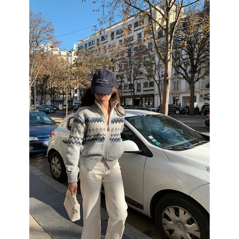 【LJ】新款撞色提花嵌花立领开衫外套