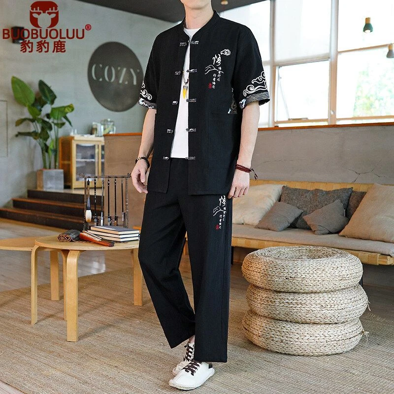 夏季中国套装男装男士开衫薄款短袖复古棉麻中式唐装元素民族汉服