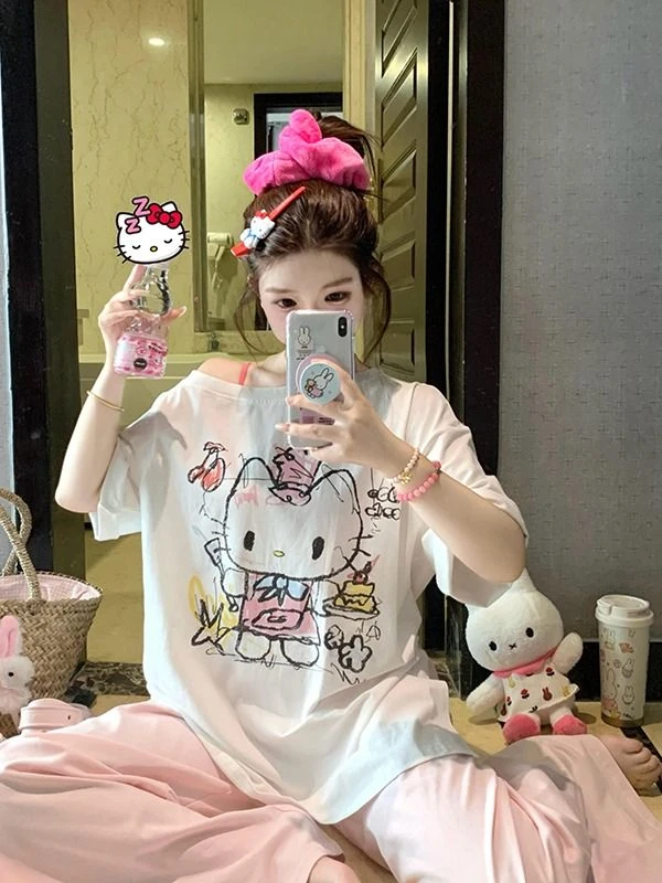 甜美涂鸦印花半袖T恤女2025夏季新款小心机慵懒露肩宽松上衣chic