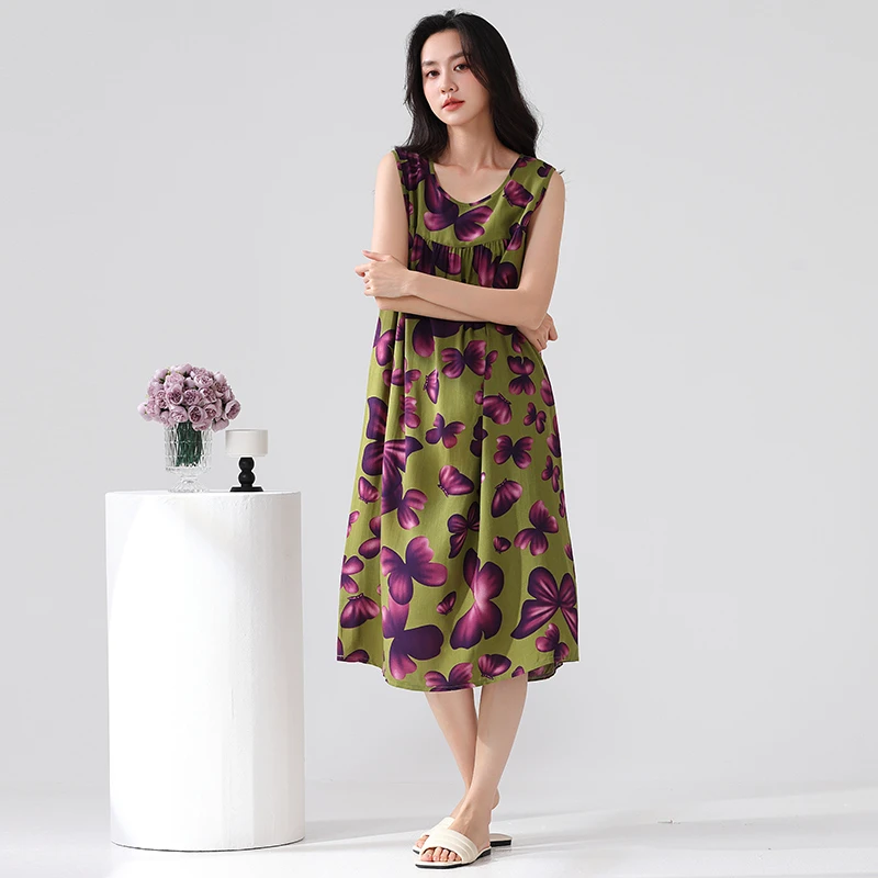 夏季新款棉绸连衣裙女无袖睡衣时尚大码薄款宽松女士家居服睡裙