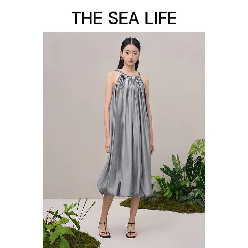 THESEALIFE欧海一生 挂脖连衣裙气质夏新款花苞长裙16315