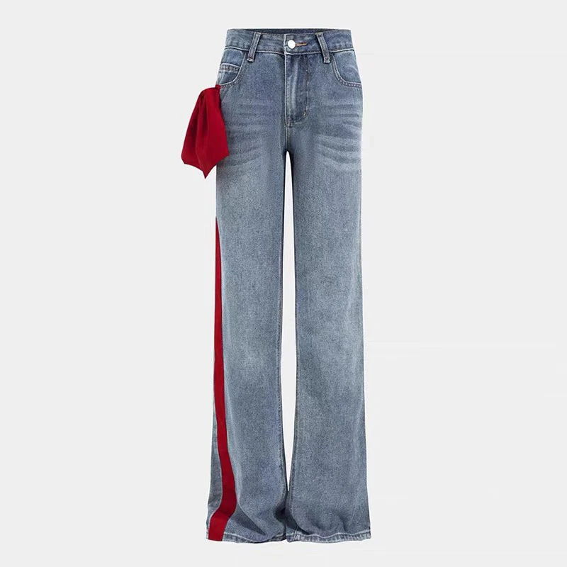 《头头女装》小众拼接蝴蝶结设计感牛仔裤女新款直筒长裤#09208