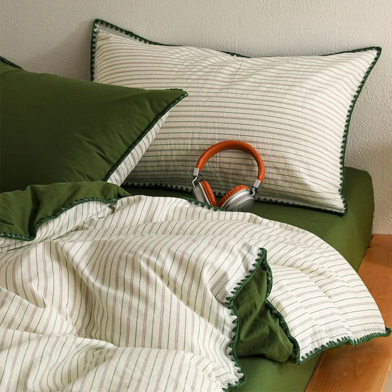 北欧简约全棉水洗棉床上四件套纯棉条纹被套床单床笠款床品三件套