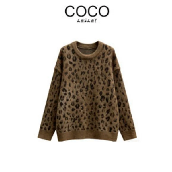 【COCO LESLEY】新款豹纹通勤风针织衫宽松复古轻奢上衣 YTJ9536