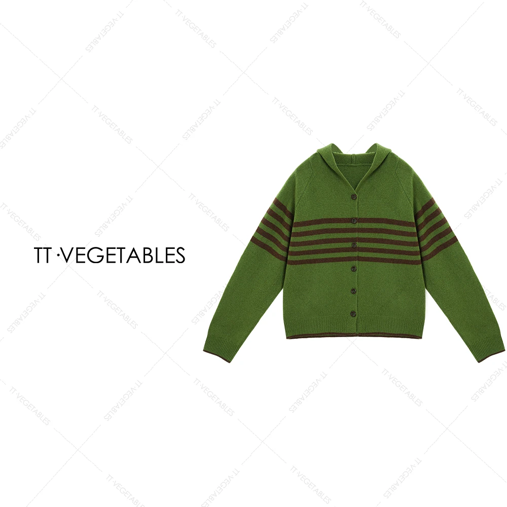 噢芬/小个子【妍荷】百分白绵羊毛连帽条纹针织开衫软糯外套522078