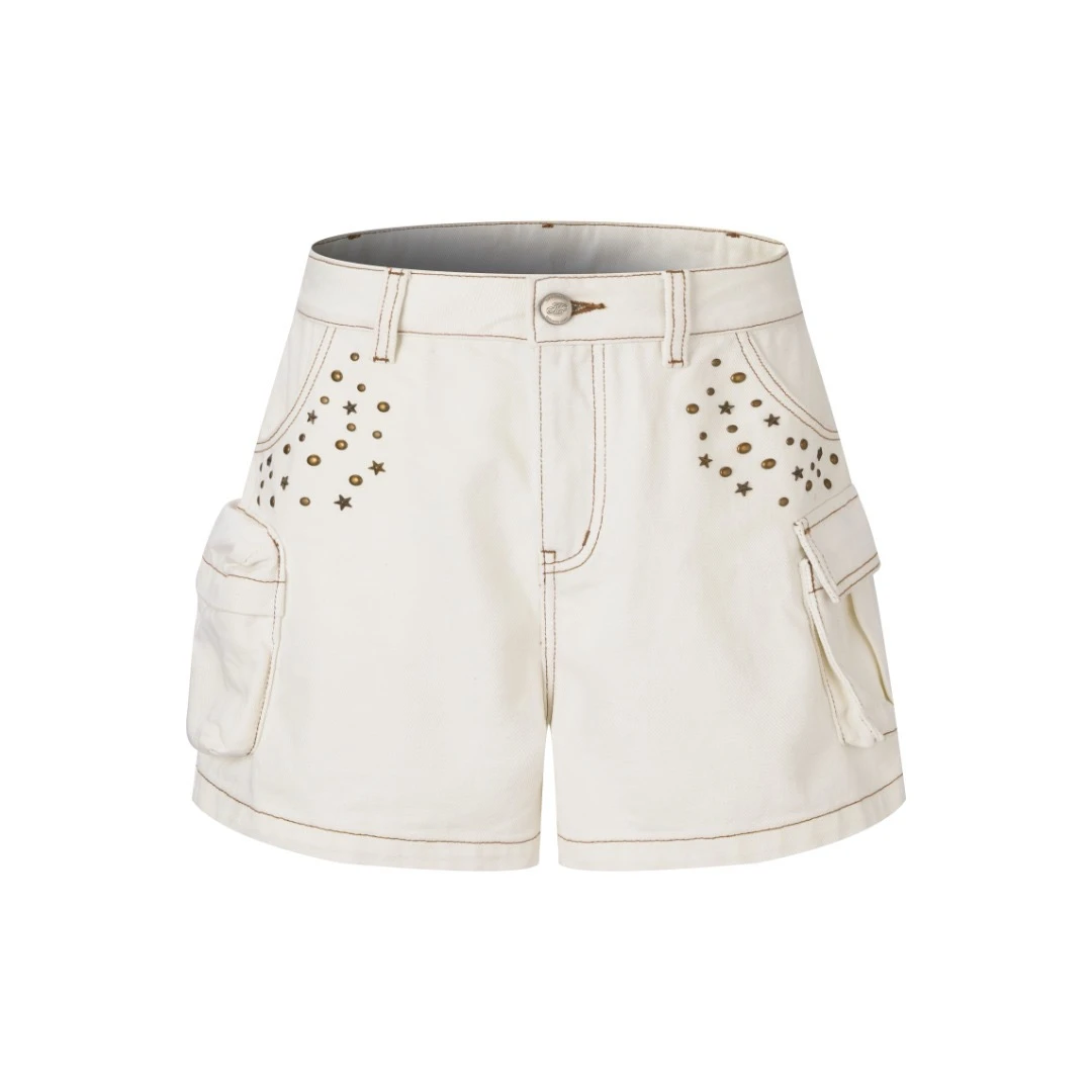 Three Quarters25SS 深灰色金属烫片装饰做旧工装短裤