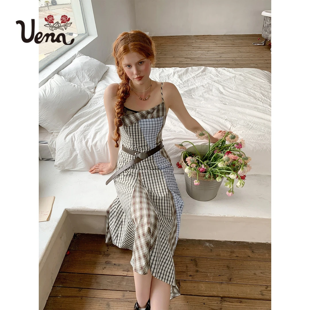 【春日园游会】Uena不规则格纹拼接黑色蕾丝花边可调节吊带连衣裙