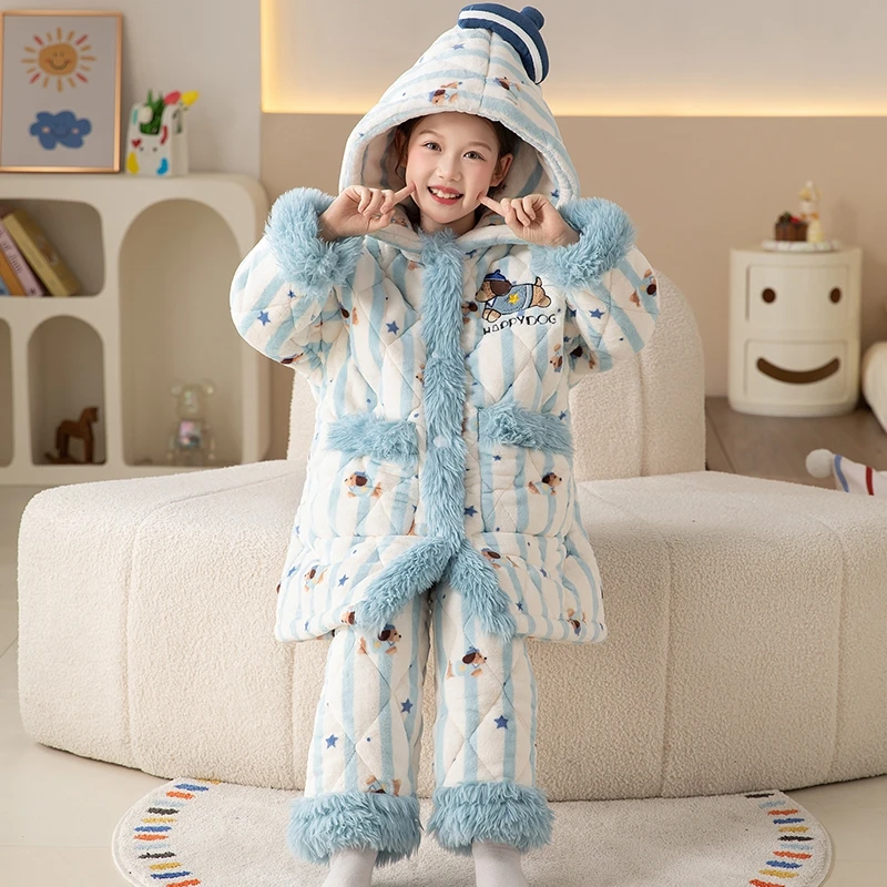儿童冬季三层夹棉加厚加绒中大童女童拉链连帽加长款儿童睡衣套装