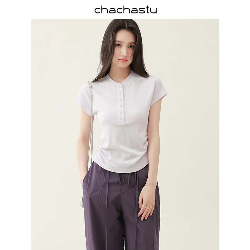 【运费补贴】CHACHASTU法式灰色小飞袖短袖T恤修身显瘦上衣ZRS1581