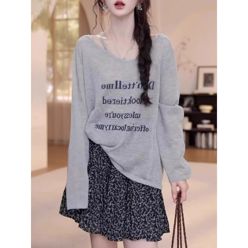 字母灰色冰丝防晒衣罩衫女2025夏季新款露肩薄款长袖t恤宽松上衣