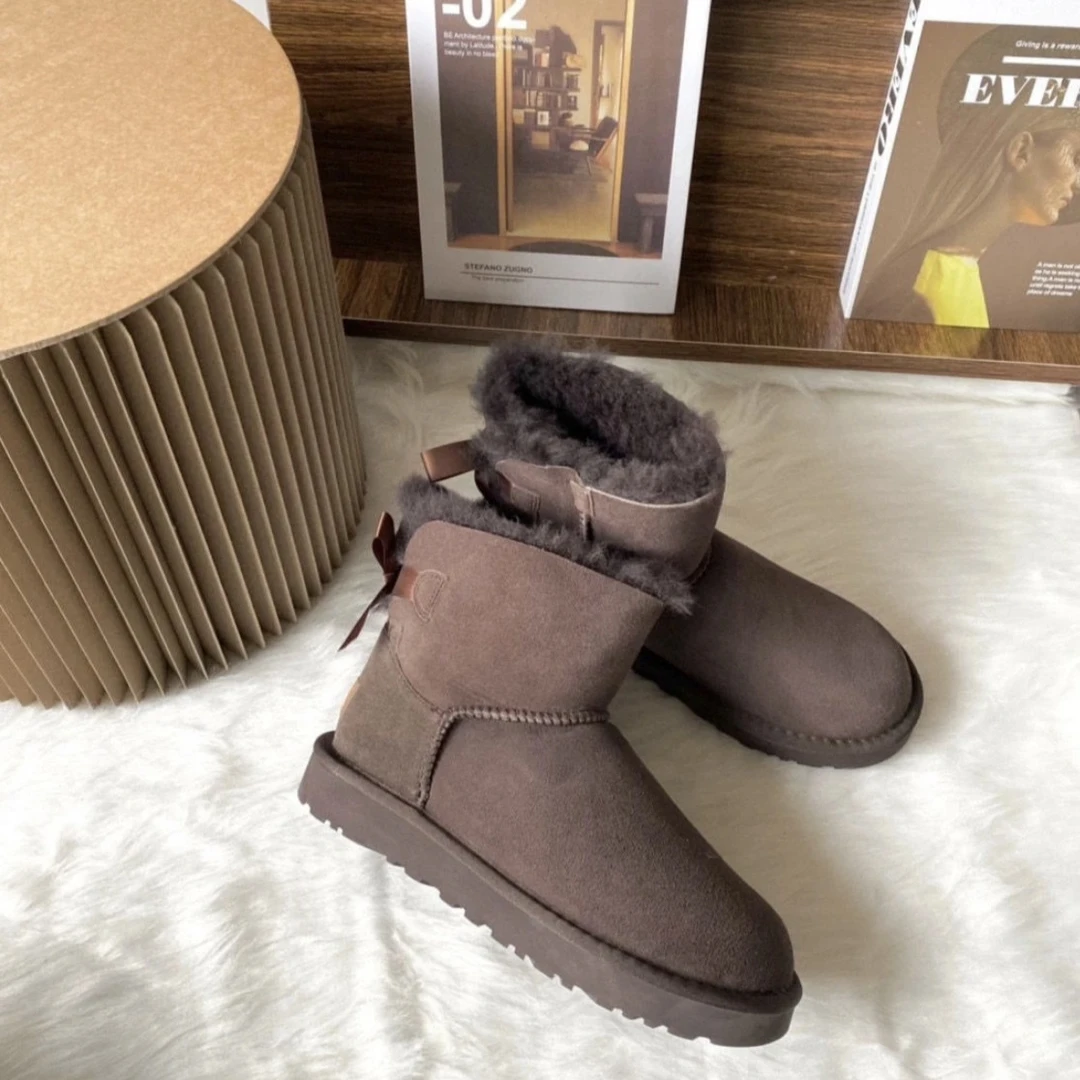 【平底蝴蝶结】【黑色木扣】爆款加绒防滑保暖女士雪地靴