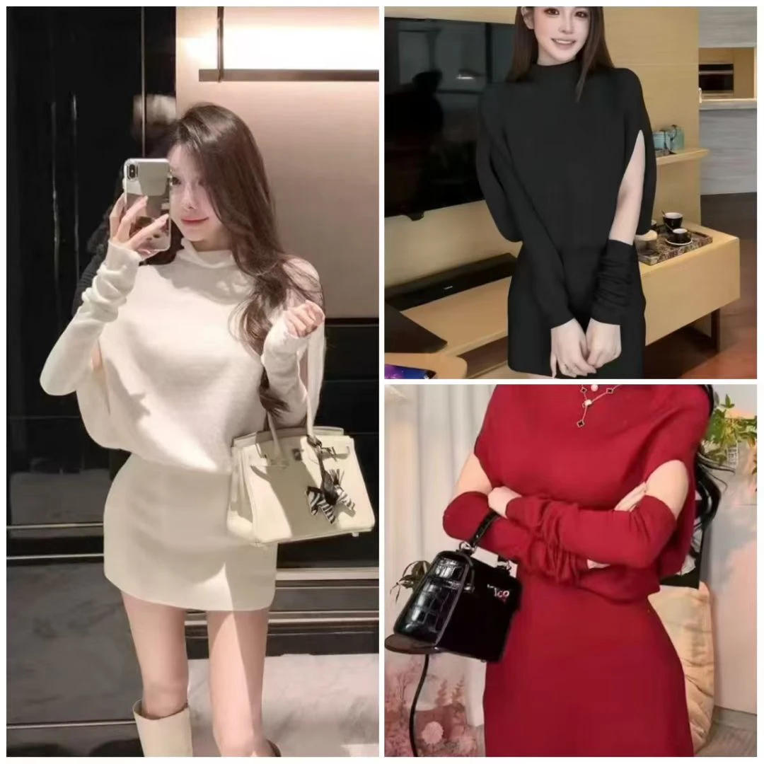 小白家【富家千金】红色高领蝙蝠袖斗篷收腰包臀秋冬连衣裙7031