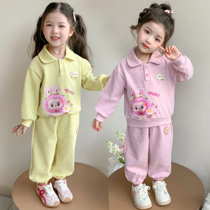 拉布布女童韩版套装秋季2025新款儿童时髦洋气春秋翻领卫衣两件套