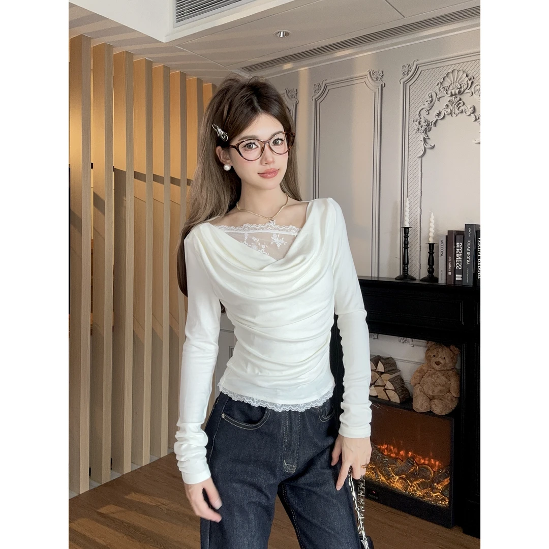 白色蕾丝花边长袖t恤女春秋新款设计感纯欲斜肩内搭打底衫上衣