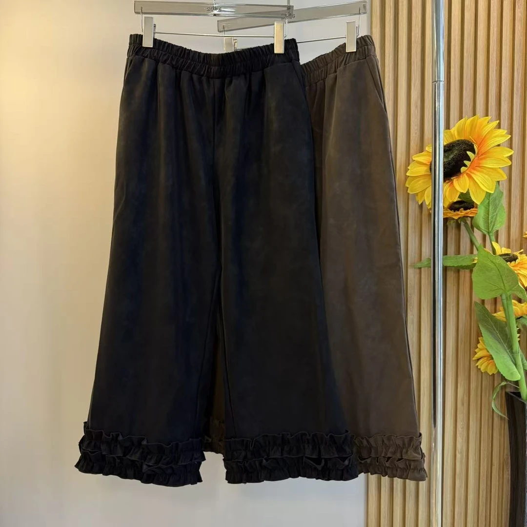 欧货25秋季大码木耳边蛋白皮裤脚花边百搭显瘦宽松休闲阔腿九分裤