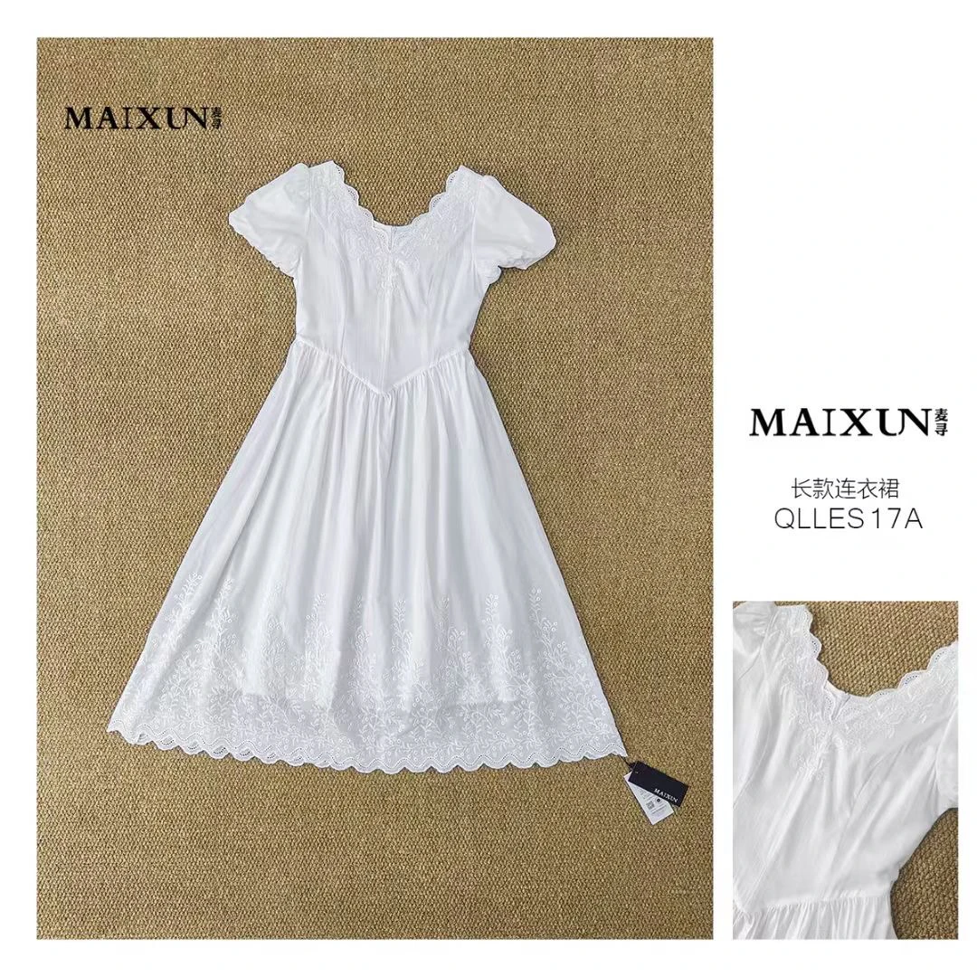 麦寻夏季QLLFS17A白色连衣裙飞袖系带高腰中长裙棉麻舒适气质款