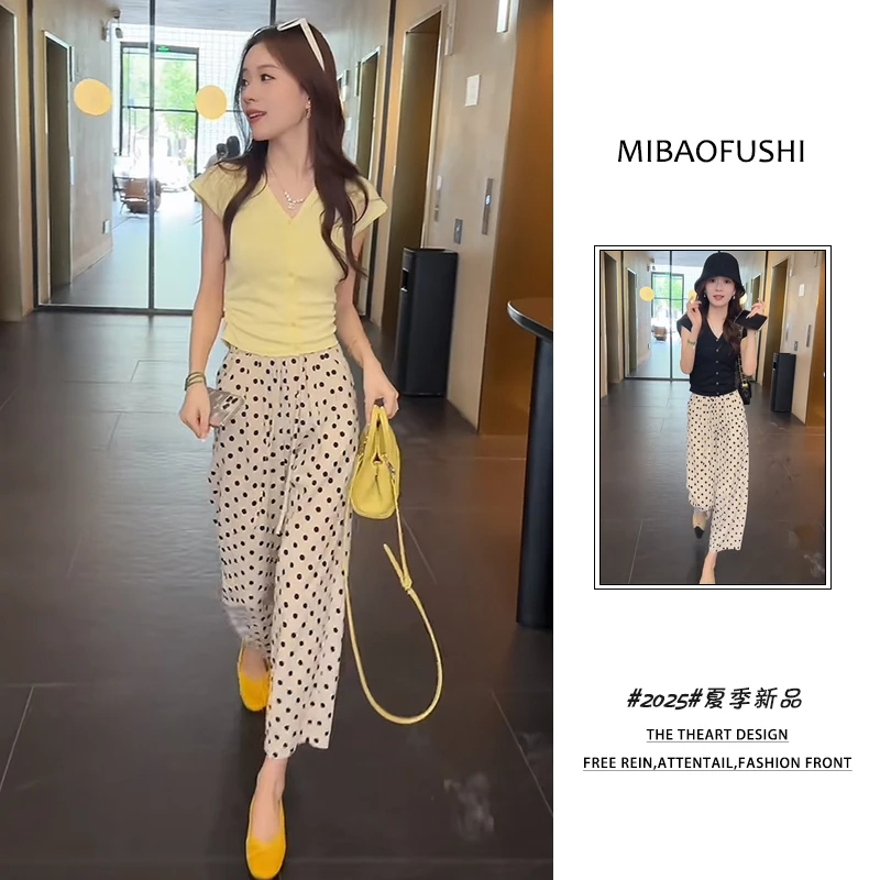 夏季穿搭一整套女装2025新款韩系V领显瘦T恤百搭波点阔腿裤两件套