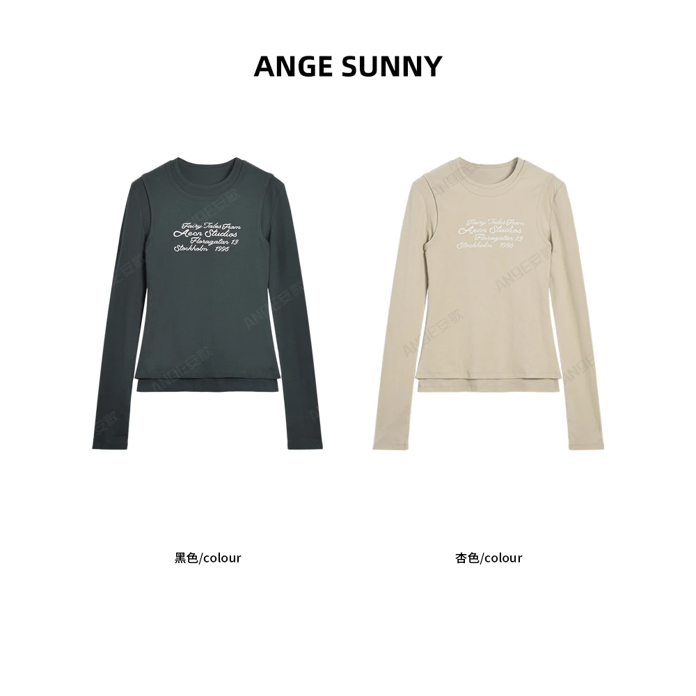 ANGE SUNNY【Ac假两件字母T恤】长袖圆领印花上衣休闲时尚新款百搭