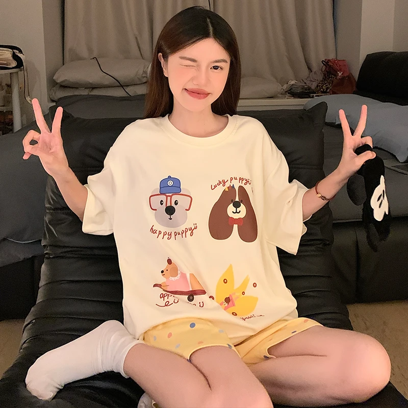 韩系卡通睡衣女款夏季新款学生宽松短袖短裤套装夏天薄款家居服