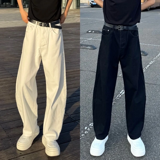 秋季新款百搭高腰时尚弯刀牛仔裤裤子男款宽松显腿长白色潮流长裤