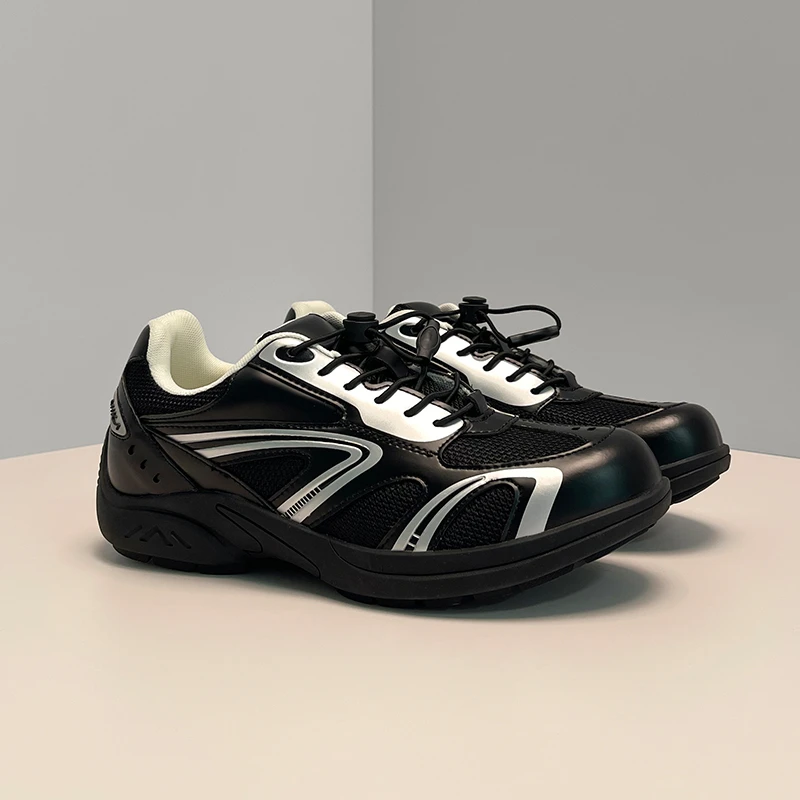黑色百搭复古跑步鞋时尚休闲运动圆头阿甘赛车平底鞋男潮流男鞋