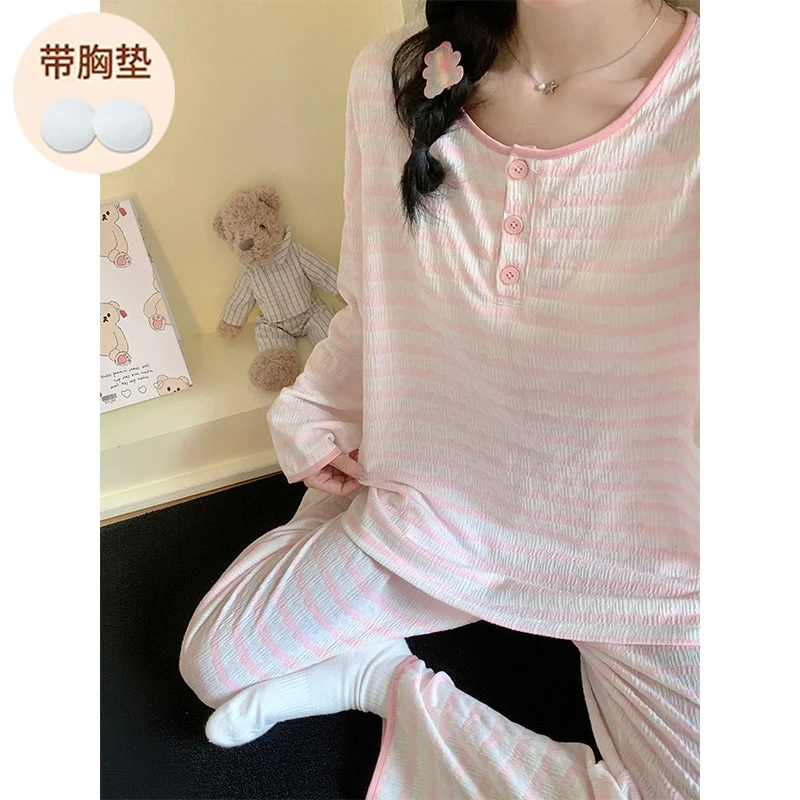 春秋长袖长裤条纹睡衣家居服套装甜美家居服休闲学生可爱风睡衣