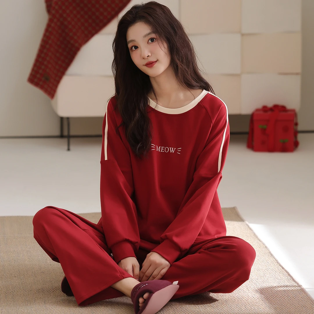 卡之恋红色收口长袖40支紧赛精梳双面纯棉可外穿居服【加厚全棉】