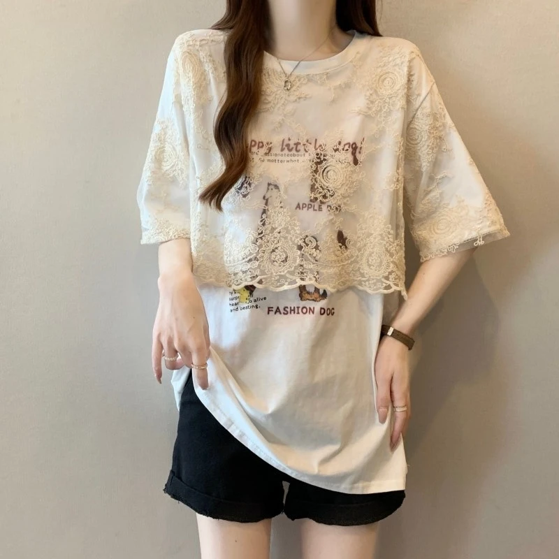 卡通印花短袖t恤女夏装大码胖mm假两件蕾丝拼接上衣独特漂亮小衫