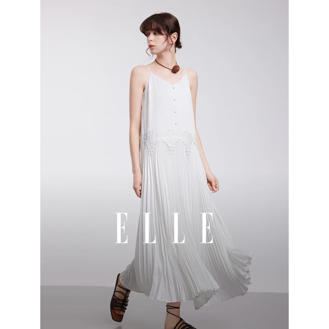 ELLE白色吊带裙法式风琴褶连衣裙2025夏季度假风穿搭长裙EL50876
