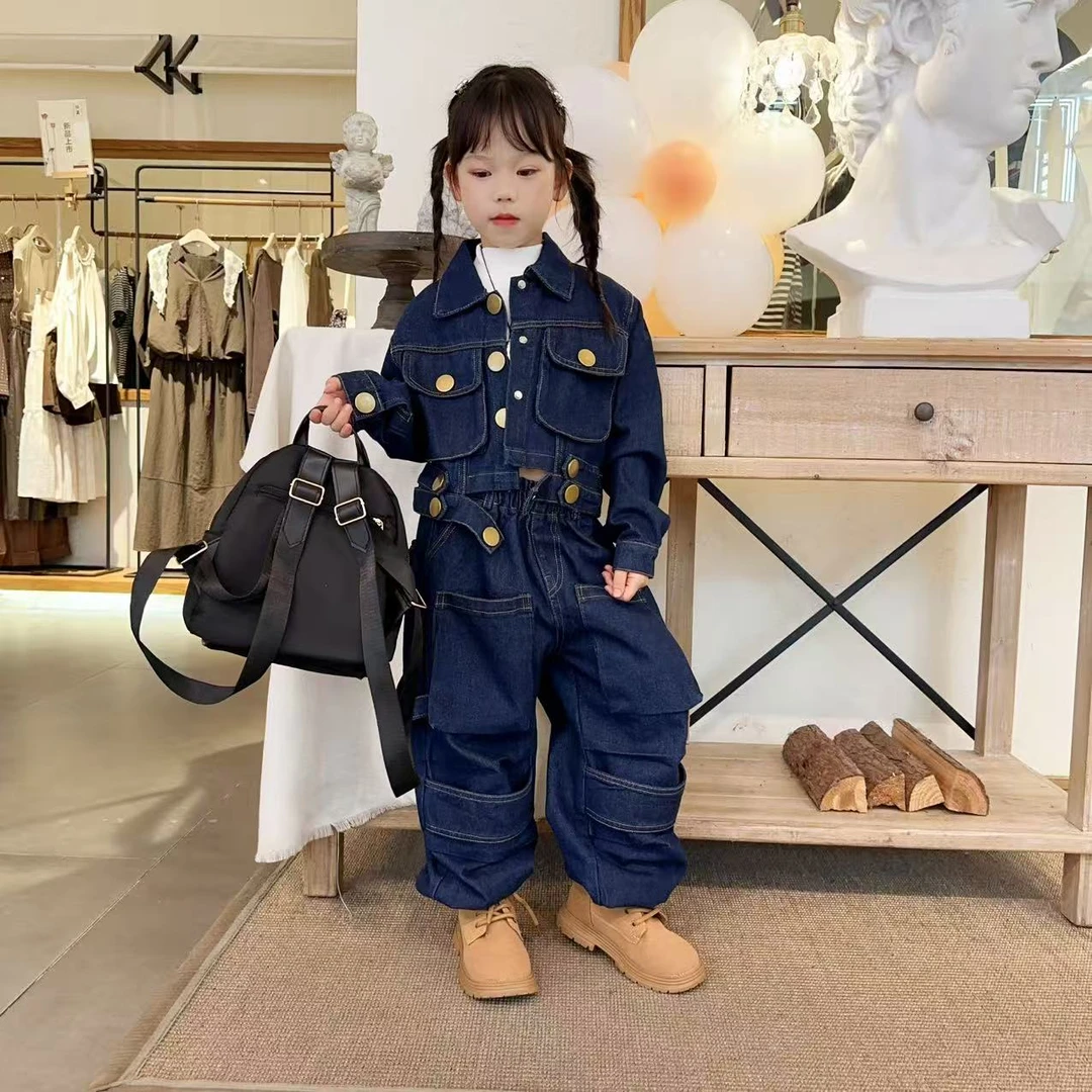 女童春秋设计款工装牛仔套装2025新款韩版中大童时尚个性两件套潮