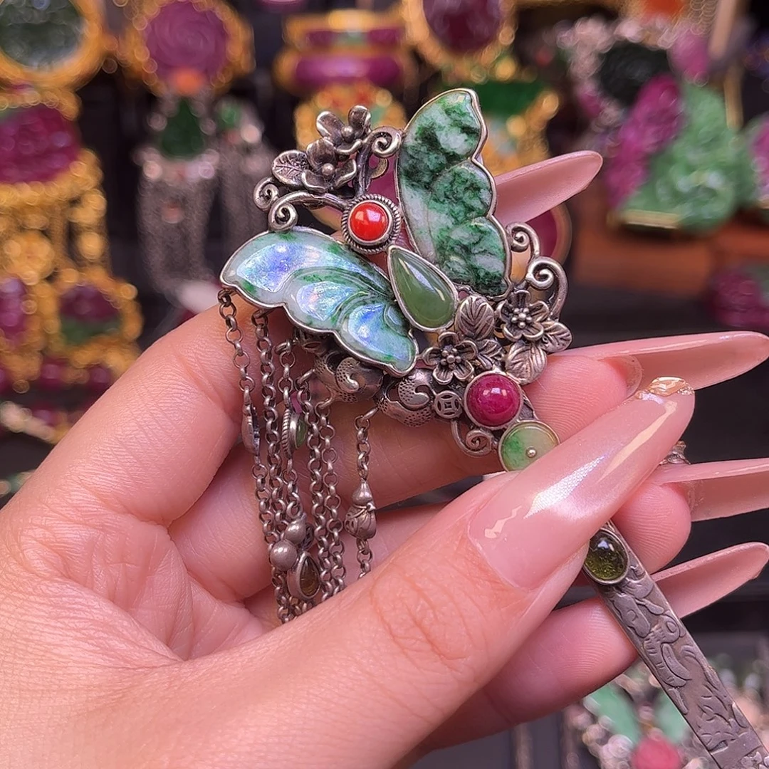 翡翠银S925镶嵌戒指发簪