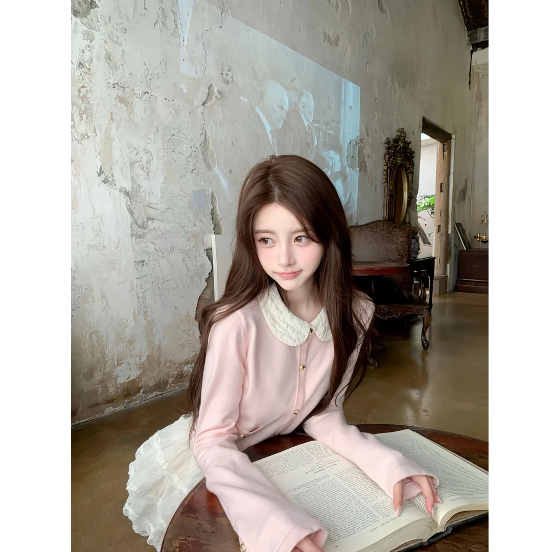 奶油小香 秋季新款韩系甜美少女小香娃娃领针织上衣显瘦短裙套装