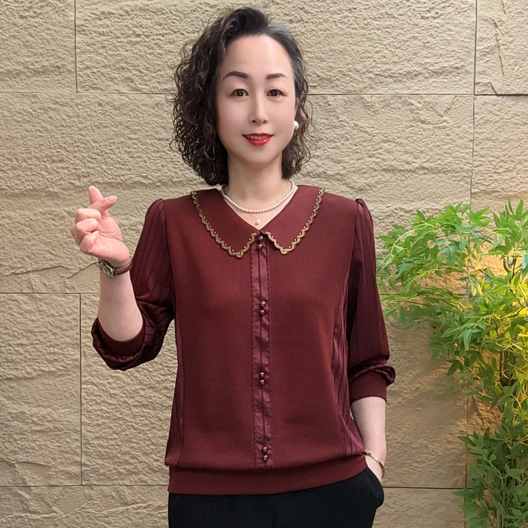 春季新款妈妈装时尚洋气宽松气质中老年女装翻领拼接休闲长袖上衣