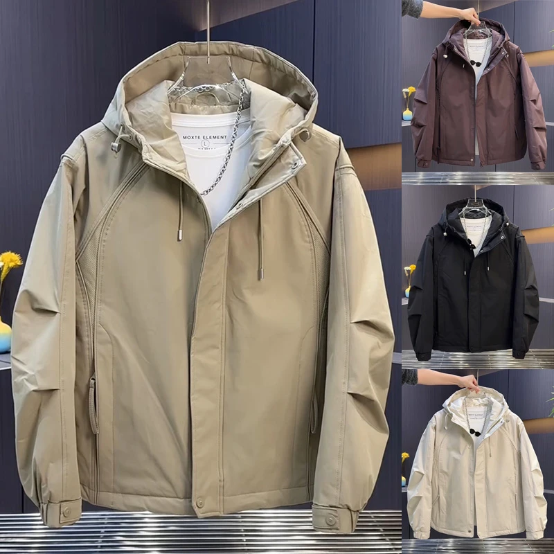 2025纯色男士时尚连帽棉服夹克加厚保暖休闲百搭简约风二棉冲锋衣