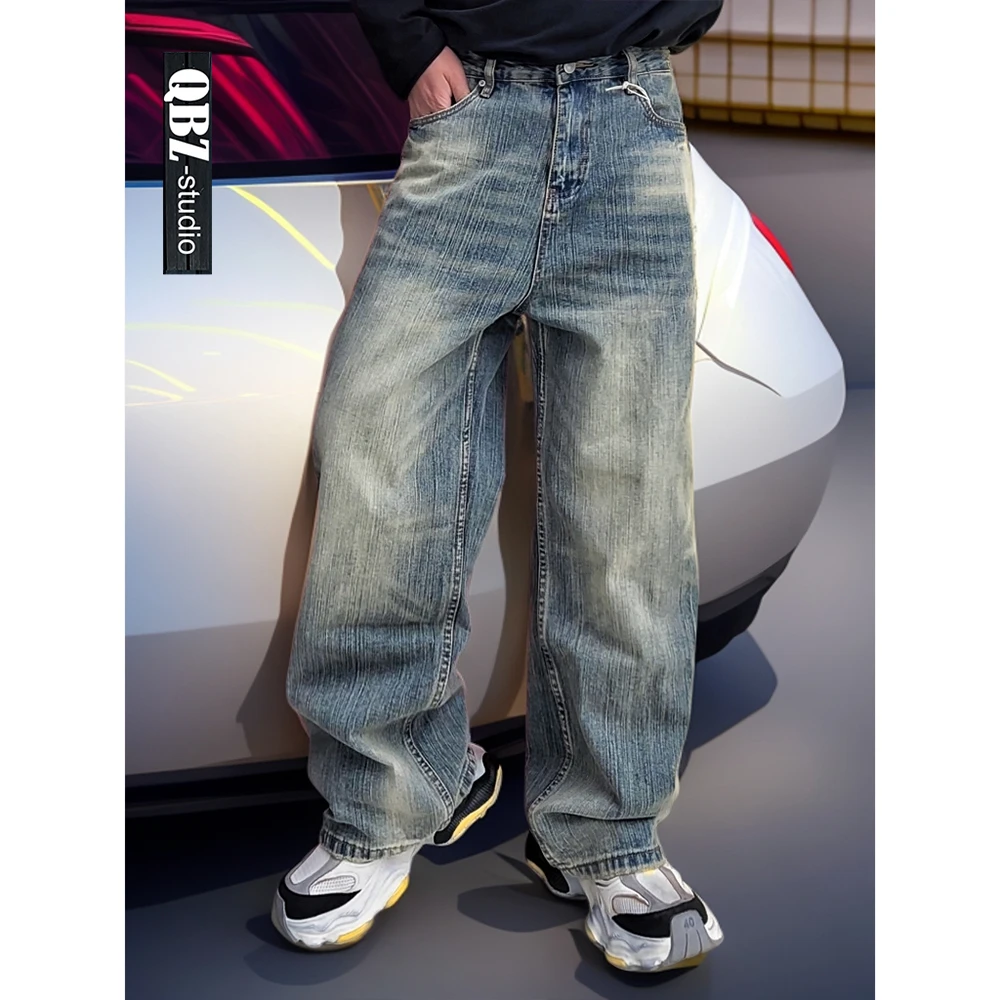 QBZ春夏水洗破洞设计感宽松垂感阔腿牛仔裤小众潮流阔腿拖地长裤