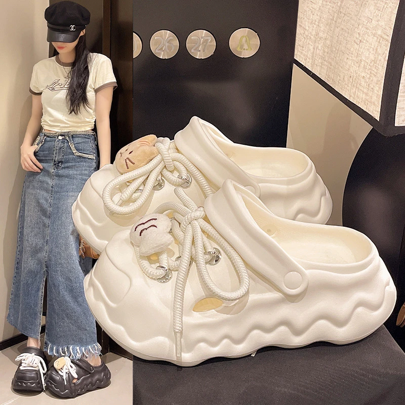 开口笑云朵洞洞鞋2025夏季女包头两穿猫鱼鞋带百搭防滑外穿凉拖鞋