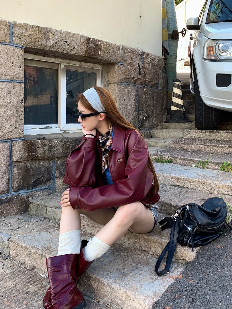 2025秋季新款宽松百搭红色皮衣机车夹克上衣女美式复古翻领短外套