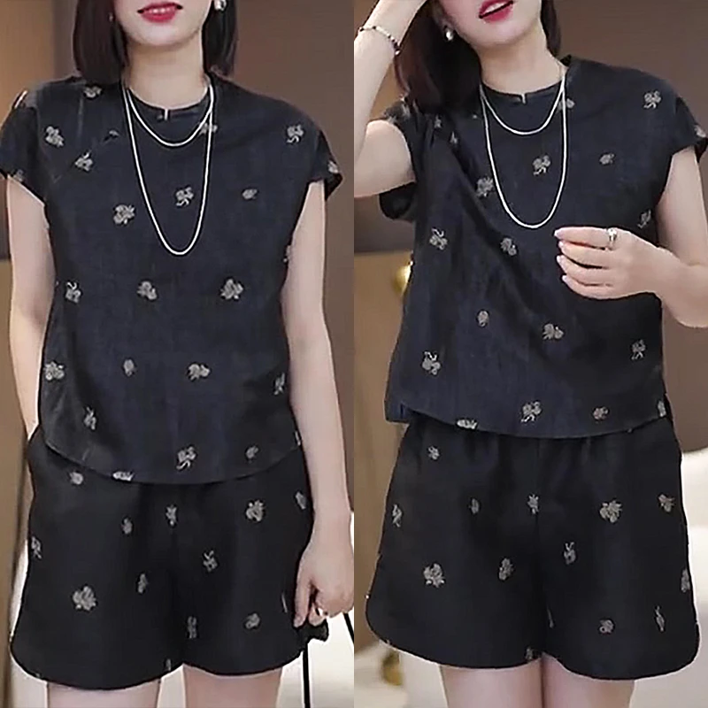 黑色复古国风新中式短裤时尚套装女款夏季新款奢华潮牌印花两件套