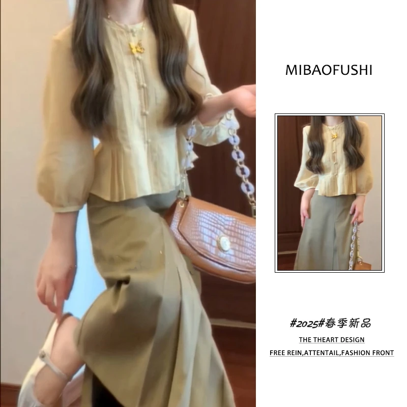 【现货】秋季一整套2025新款韩系穿搭设计感褶皱衬衫半身裙两件套