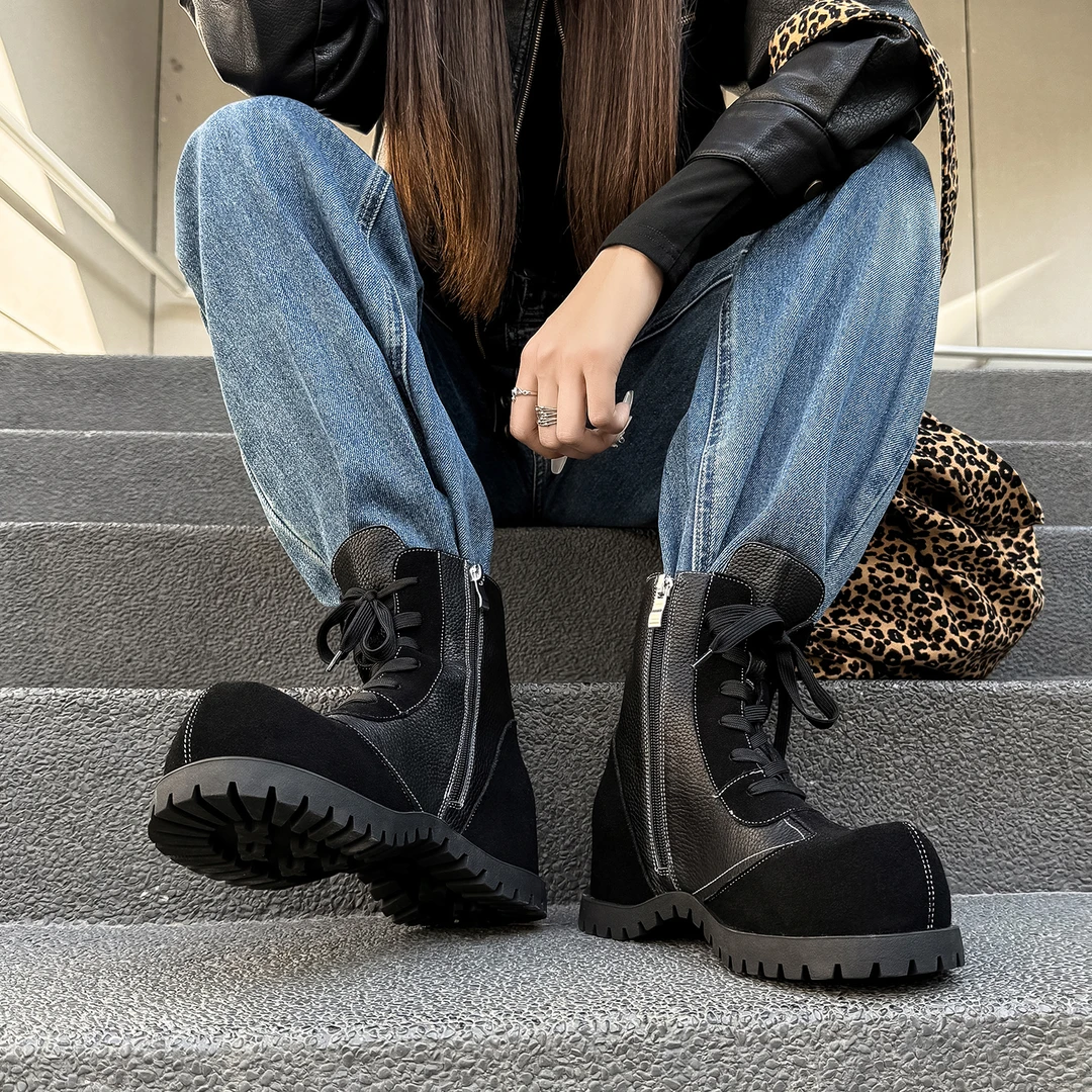 复古冬季新款内增高磨砂短靴圆头系带侧拉链时尚德训靴女马丁靴