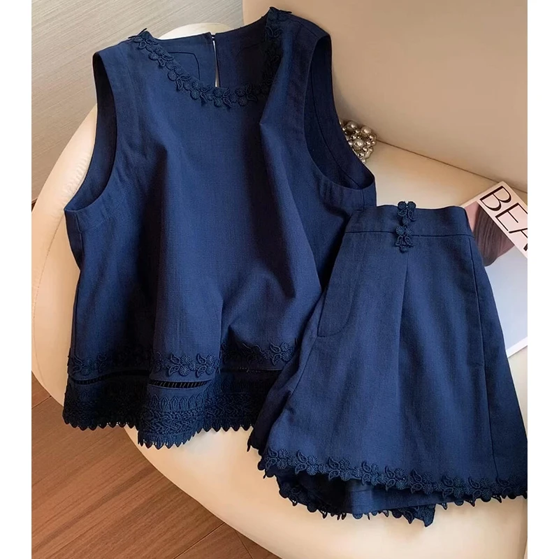 法式小香风亚麻套装女夏季超好看显白显瘦无袖上衣短裤两件套洋气