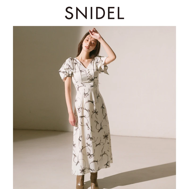SNIDEL2025早秋新品气质甜美蝴蝶结印花连衣裙SWFO254025