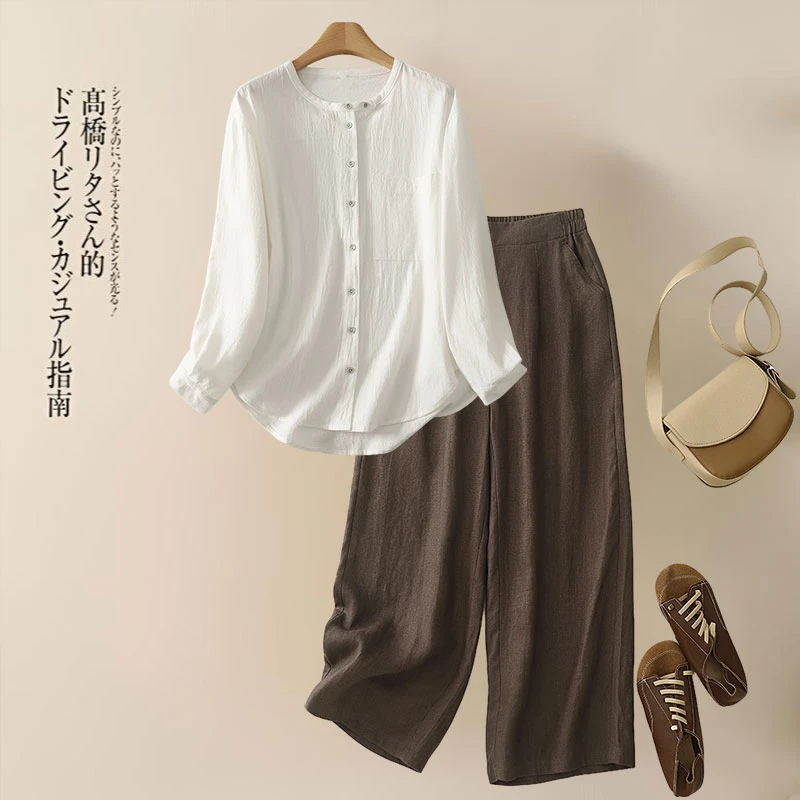 松弛简约文艺圆领亚麻衬衫透气宽松款春秋款休闲垂感九分直筒裤
