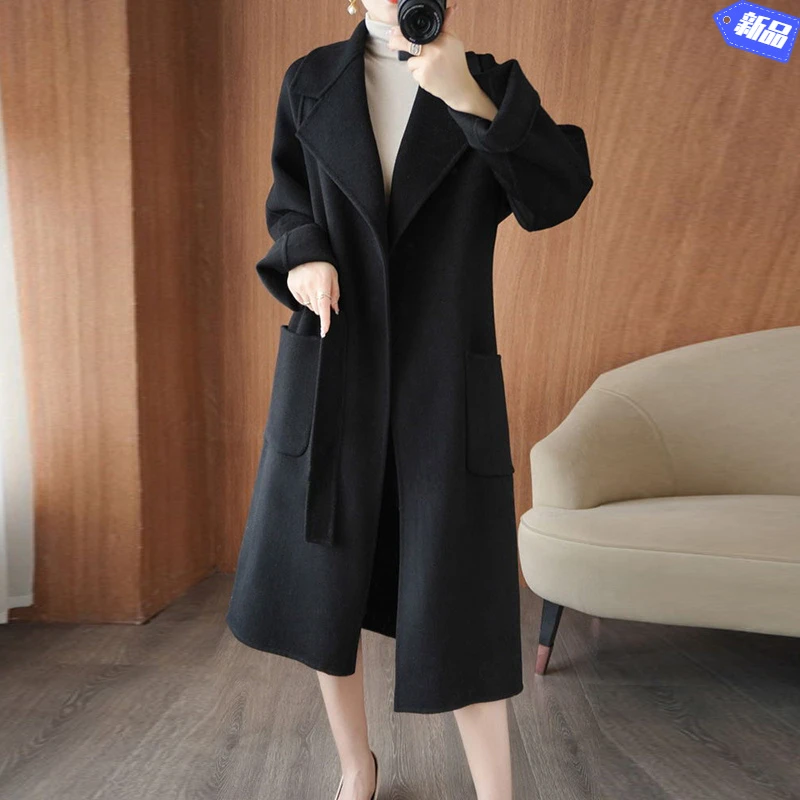 100%纯羊毛双面呢羊绒大衣女大码休闲气质韩版宽松长款羊毛呢外套