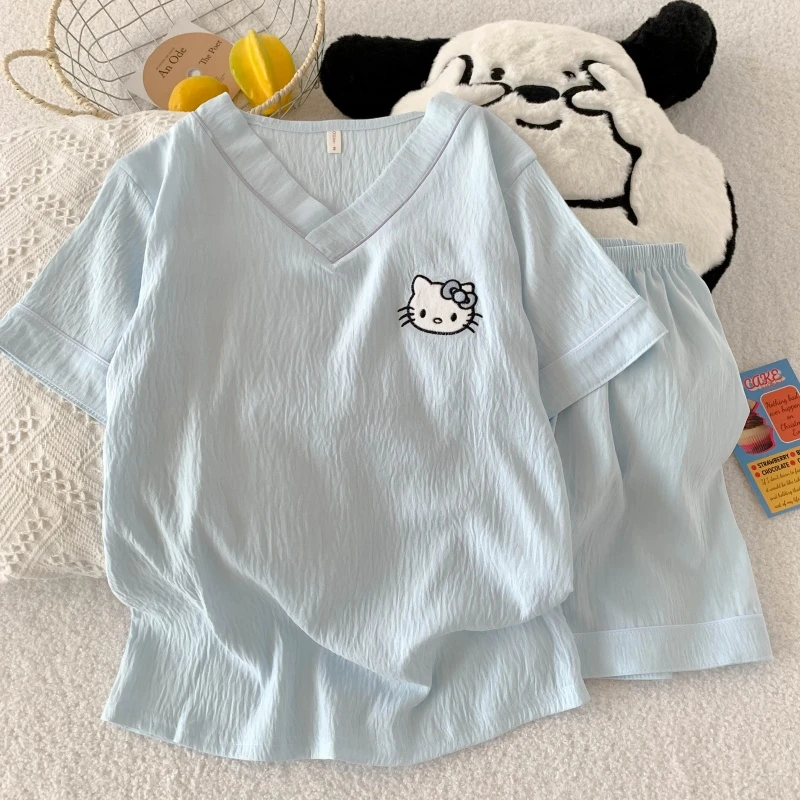 蓝口袋猫云朵棉睡衣春夏秋季女爆款2025新款家居服套装V领短袖裤
