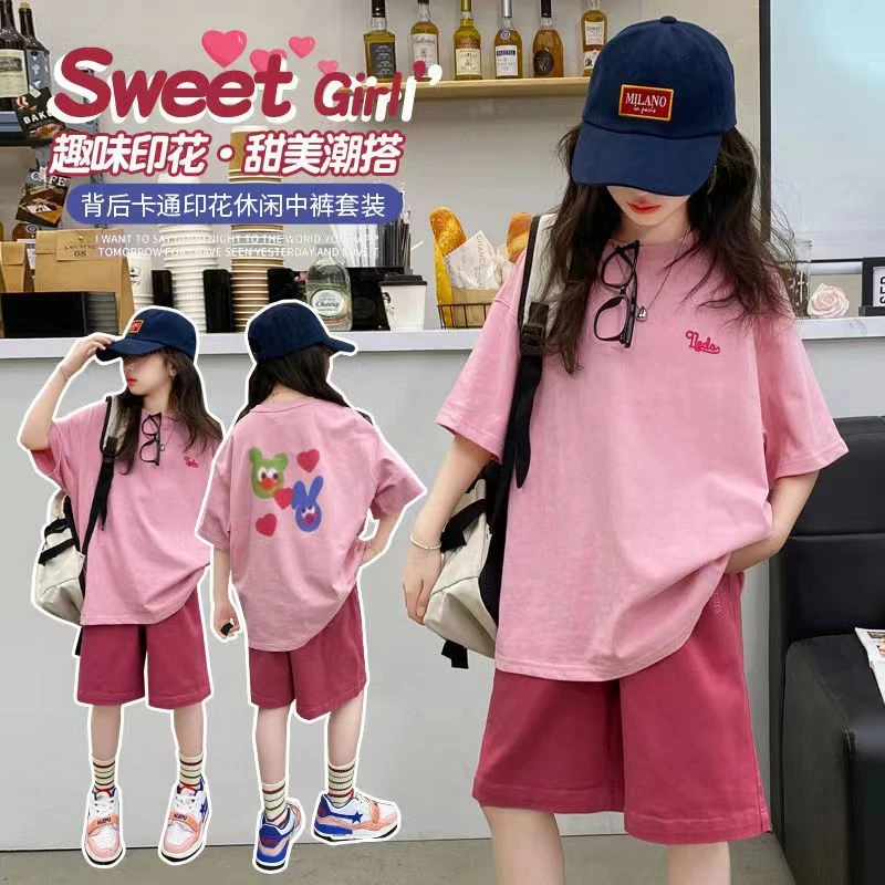 网红女童春秋夏季套装新款儿童卡通字母短袖女孩休闲裤两件套套装