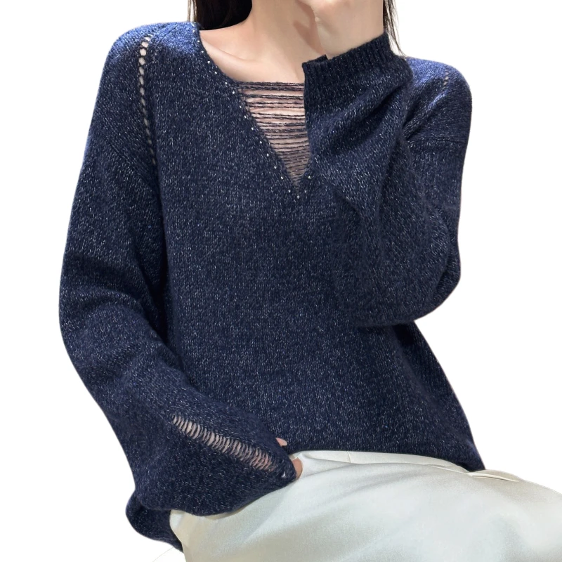 女秋冬流苏V领镂空丝针织衫慵懒风亮丝软糯亲肤常规款毛衣
