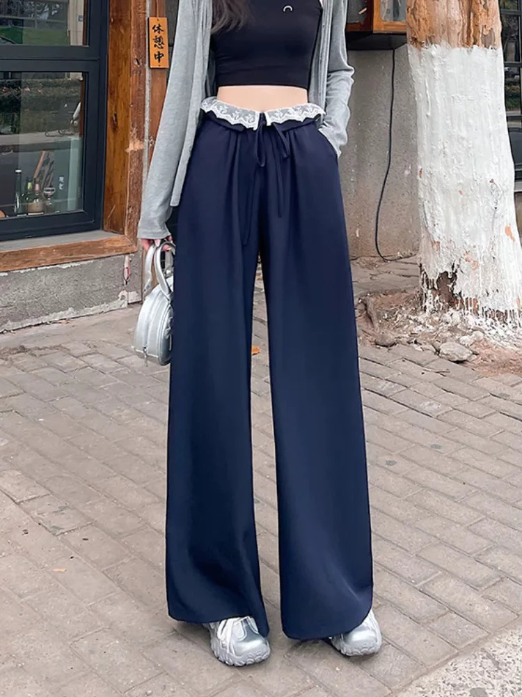 设计感蕾丝拼接系带休闲裤女春季高腰宽松百搭垂感直筒拖地长裤子