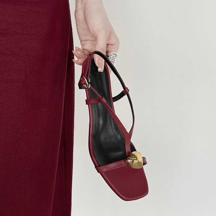 【米兰】星吻细缕~2025新款法式真皮5cm粗跟细带露趾配裙子高跟凉鞋