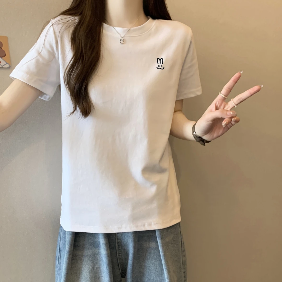 纯色圆领白色正肩短袖T恤女夏季款宽松显瘦打底衫上衣短袖女修身